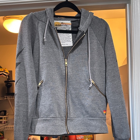 Aviator Nation Gray Lightning Bolt Full Zip Hoodie with Gold Zippers - Picture 2 of 8